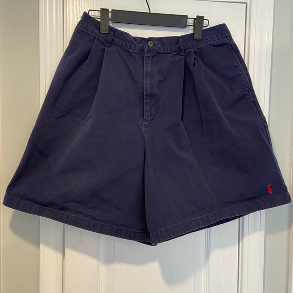 VTG Polo Sport Size 14 Navy Blue Pleated Front High Waist Cotton Chino Shorts - Picture 1 of 9